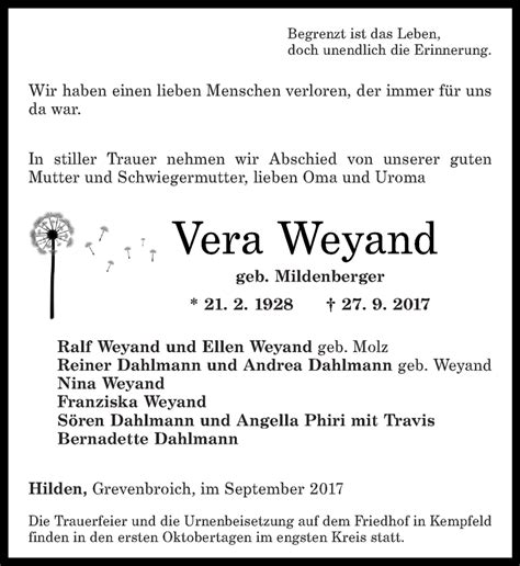 Traueranzeigen Von Vera Weyand Rz Trauer De