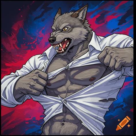 Muscular grey werewolf ripping off a white shirt, chest revealed, in a