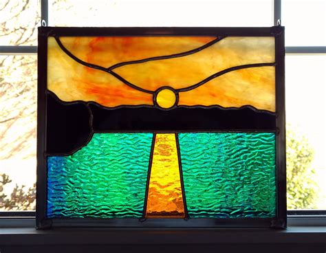 Stained Glass Sunset Window Panel Ocean Sunset Suncatcher Stained