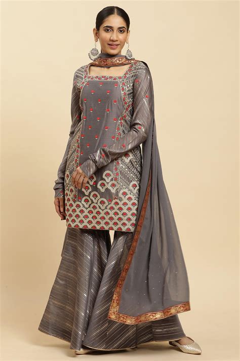 Buy Light Grey Embroidered Heavy Festive Kurta And Sharara And Dupatta
