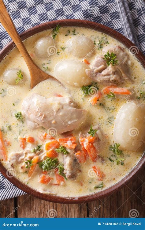 Belgian WATERZOOI Soup with Chicken Close Up in a Bowl. Vertical Stock ...