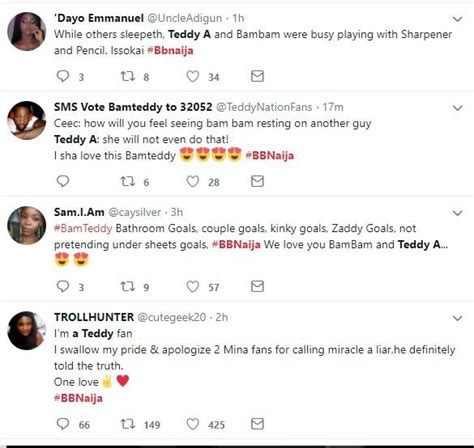 Twitter Nigeria Reacts To BBN Housemates Teddy A And Bam Bam Having Sex In The Toilet Screenshots