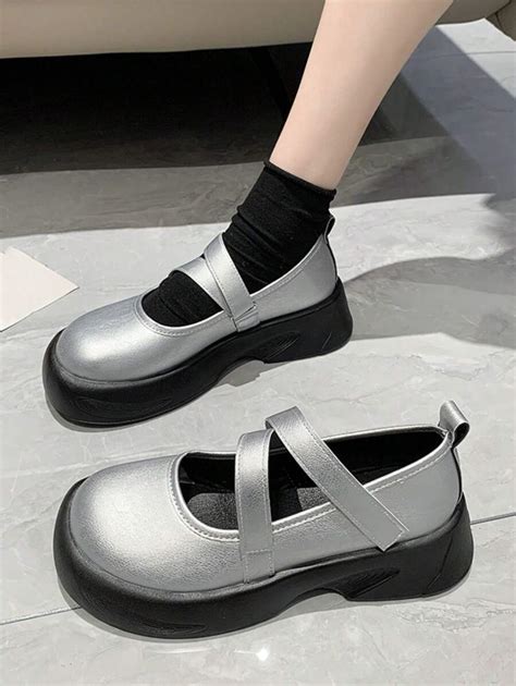 Women Metallic Flatform Mary Jane Shoes Preppy Outdoor Flatform Shoes