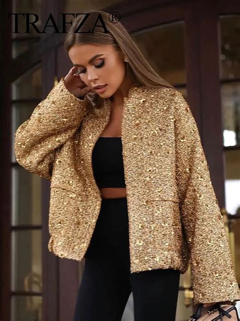 Trafza Women Fashion Gold Sequin Coat Casual Loose Stand Collar Long