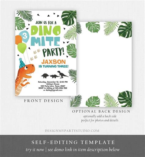 Editable Dinosaur Birthday Invitation Dino Mite T Rex Dig Party