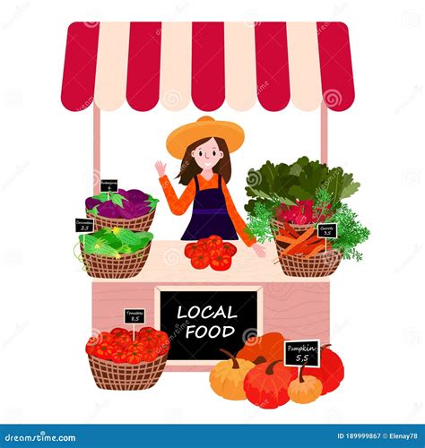 Farmer Market Stall With Local Products Woman Selling Fresh Vegetables