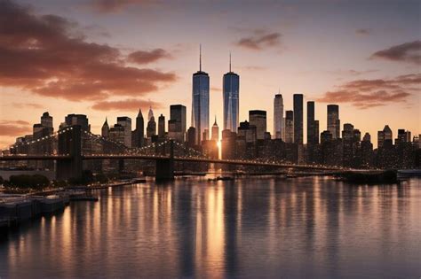 Silueta Del Horizonte De Nueva York Con Las Torres Gemelas Y La Bandera