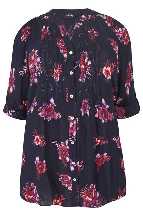 Navy And Pink Floral Pintuck Longline Blouse With Beading Detail Plus