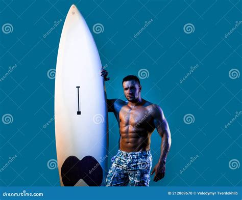 Serfer Muscular Man With Neon Surfboard Isolated On Blue Male Surf