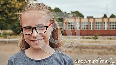 Smiling Blonde Year Old Girl Dresses Glasses Face Close Up Stock