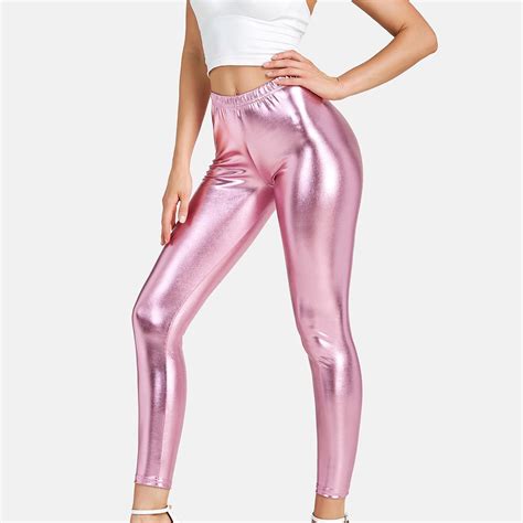 Lilgiuy Women Sexy Imitation Leather Pants Nightclub Metal Reflective Trousers Hot Gold Pants