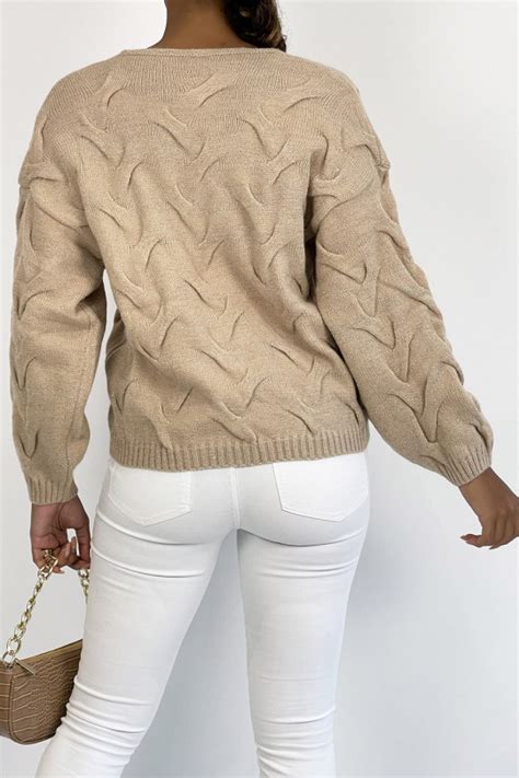 Pull Court Manche Longue Nude Effet Maille Paillet Avec Jeu De Relief Et Col V