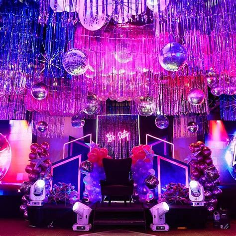 Disco Party Decorations With Mirror Balls, Balloons, Light Signs & Fringe Foil Streamers