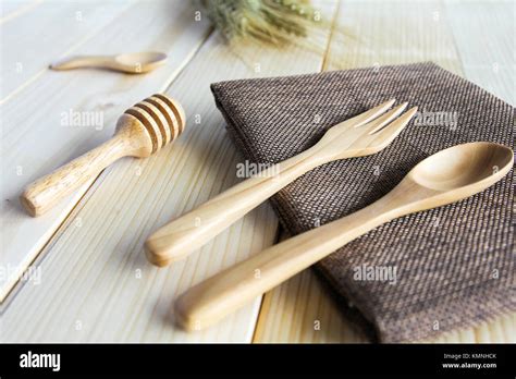 Wooden Kitchen Utensils On Wooden Background Stock Photo Alamy