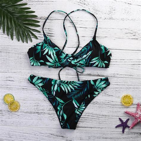 Aliexpress Buy Women S Leaf Bandage Split Brazilian Bikini Set