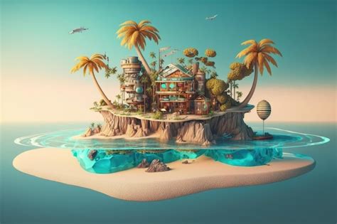 Premium AI Image A Surreal Float Island With Palm Trees And A Beach