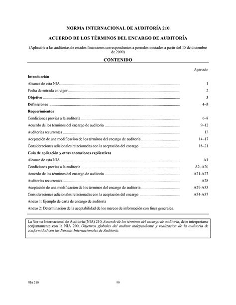 Nia Y Acuerdo De Los T Rminos Del Encargo De Auditor A