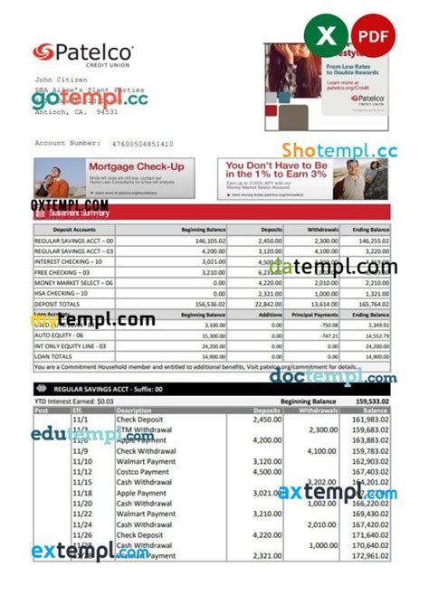 USA California Patelco Credit Union Banking Statement Template In Excel