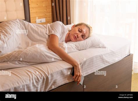 Woman Sleep Mobile Blonde Beautiful Phone Bed Blanket Eyes Lying Concept Adult Pillow From
