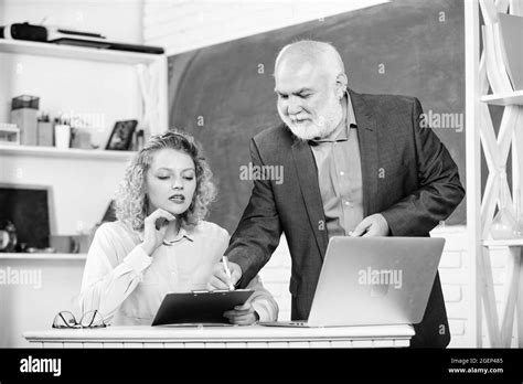 Pass Exam Man Mature School Teacher And Girl With Laptop Final Test And Graduation Difficult