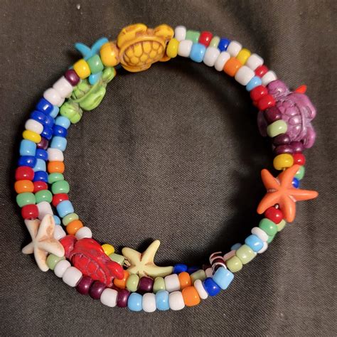 Beaded Memory Wire Bracelet Rainbow Colorful Seed Beed Turtles Starfish