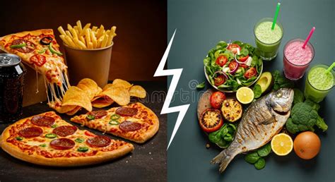 Comparación De Alimentos Comida Chatarra Vs Comida Fresca Saludable