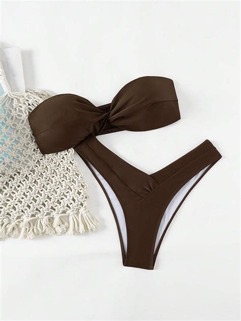 Shein Swim Springbreak Women Solid Color Sexy Fashion Twisted Bandeau Pieces Bikini Swimwear