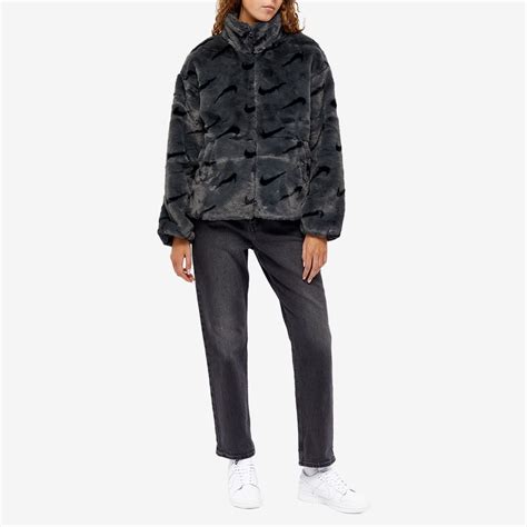 Nike Womens Faux Fur Aop Swoosh Jacket In Dark Smoke Greyblack Nike