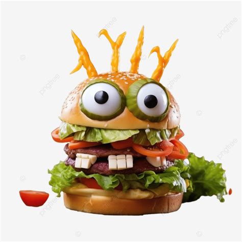 Halloween Burger Monster With French Fries On Wood Table Burger And