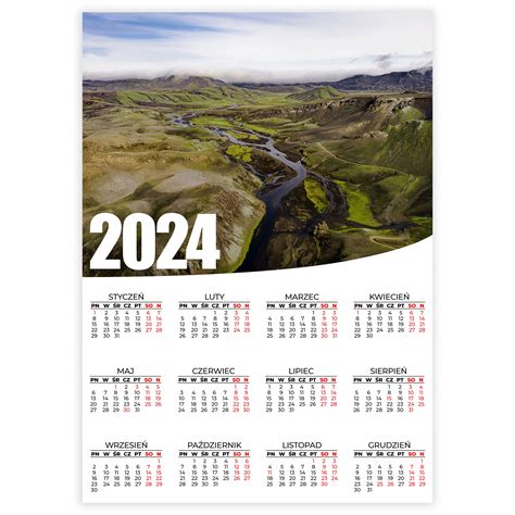 Kalendarz Plakatowy Ścienny 2024 Rok 50x70cm Islandia Wzgórza Rzeki