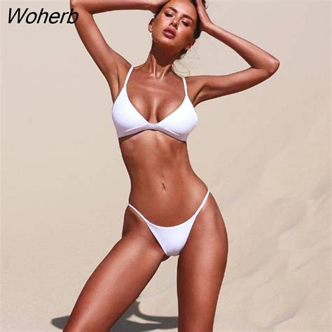 Woherb Todos New Summer Basic Piece Set Women White Swimsuit Sexy Micro Bikini Swimwear