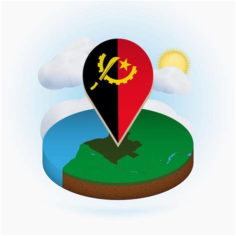 Mapa Redondo Isométrico De Angola Y Marcador De Puntos Con Bandera De