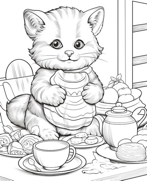 Pages à Colorier Pour Les Enfants Dun Chat Assis à Une Table Avec Une