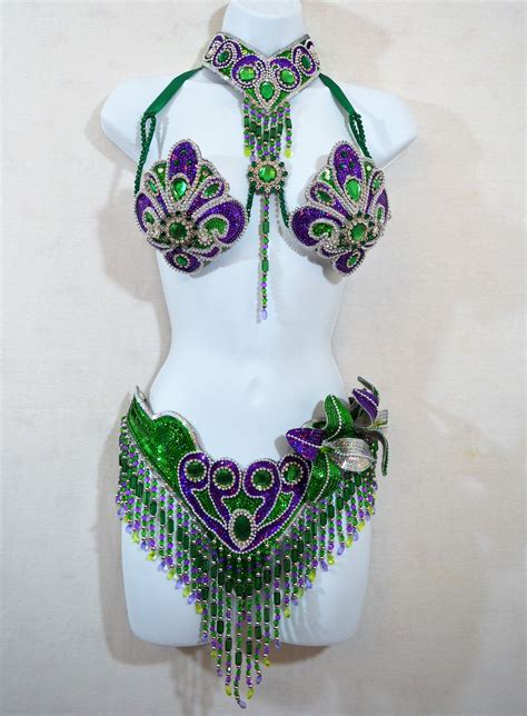 Samba Bra Bikini Necklace Collar Green Purple Silver Belly Dance Rio Carnival Cabaret Show
