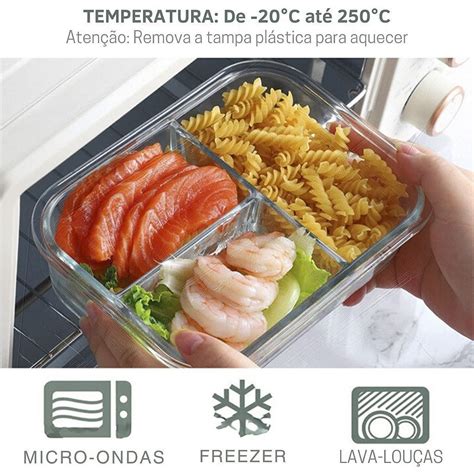 Marmita Com Divisões - Marmita De Vidro Com Divisórias Compartimento Rosa Divisões Pote Geladeira