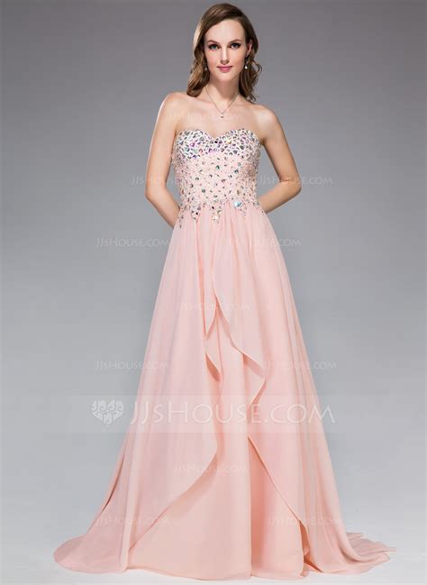 A Line Princess Sweetheart Sweep Train Chiffon Prom Dress With Beading