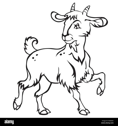 Decorative standing funny cartoon goat kid. Monochrome vector illustration in black color ...