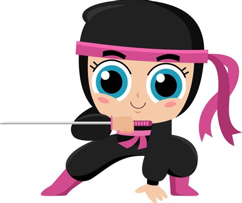 Cute Ninja Girl Warrior Cartoon Character With Katana Sword In Action ...