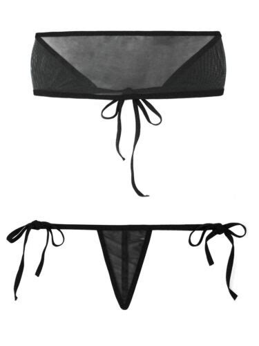 Womens Sheer Micro Bikini See Through Bra Top Side Tie G String Bottom Swimwears Ebay