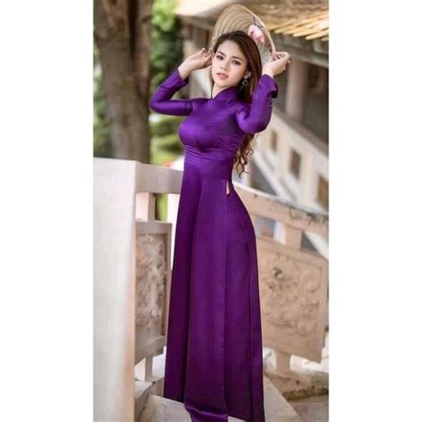 Pre made Ao Dai Viet Nam Áo Dài Tím Phi Bóng Kèm Quần Purple Ao Dai