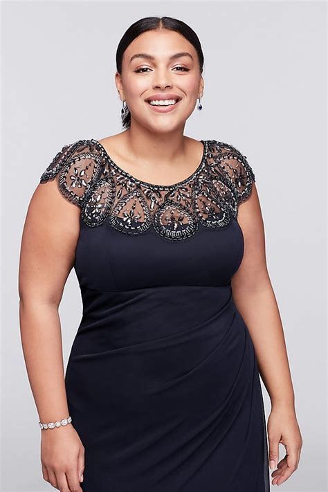 Cap Sleeve Plus Size Long Dress With Beading Davids Bridal Plus Size Cocktail Dresses Plus