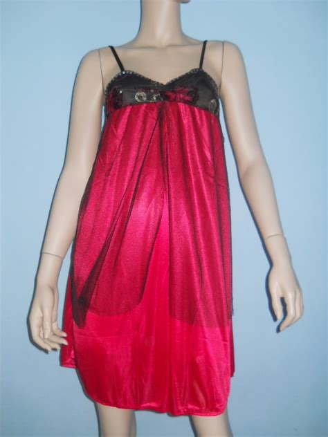 FASHION CARE U L Sexy Satin Red Elegant Embroidery Sequins Sleepwear Lingerie