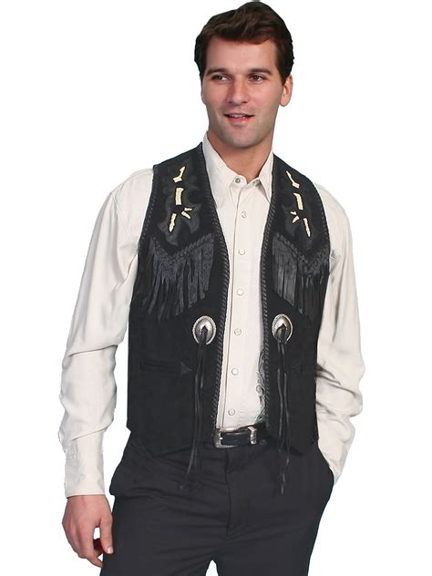 Scully Western Vest Mens Leather Conchos Beading Fringe Onyx 755 19