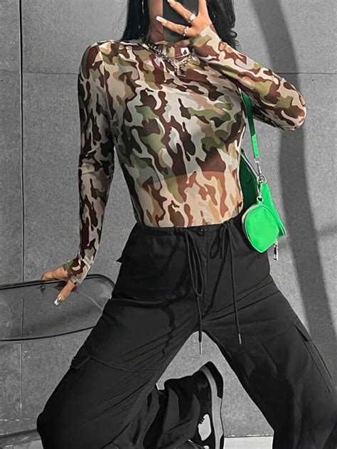 Shein Coolane Camo Print Mock Neck Mesh Bodysuit Without Lingerie Shein Usa