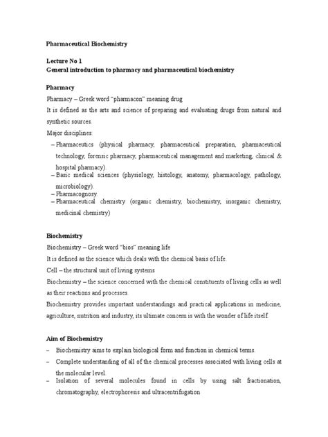 Pharmaceutical Biochemistry Lecture No 1 General Introduction To