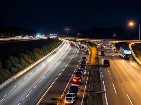 Carros de tráfego noturno na estrada rodoviária na noite do pôr do sol