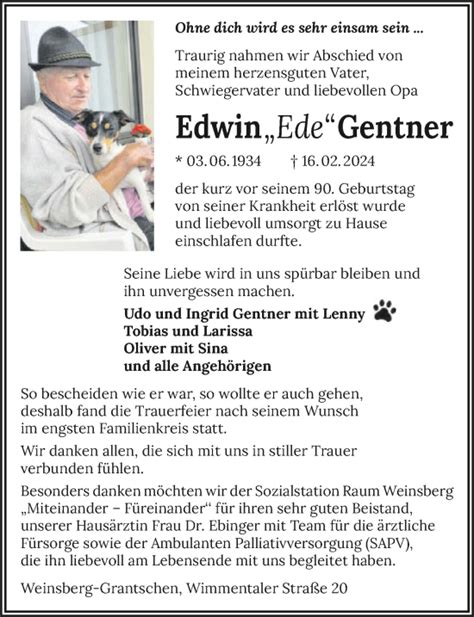 Traueranzeigen Von Edwin Gentner Trauerundgedenken De