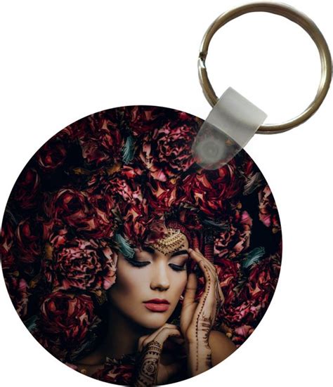 Sleutelhanger Vrouw Bloemen Henna Portret Plastic Rond