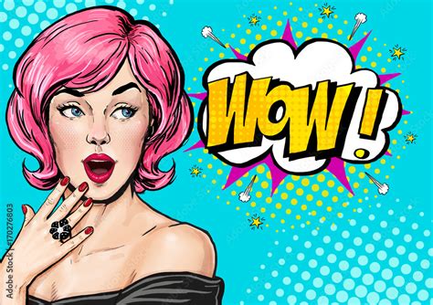 Pop Art illustration, surprised girl.Comic woman. Wow.Advertising ...