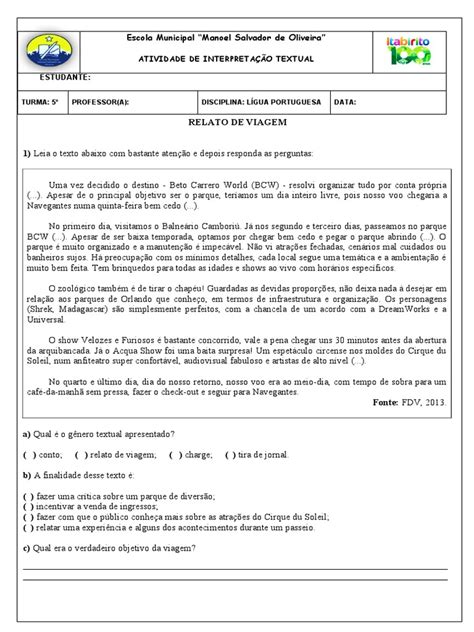 Relato De Viagem 20 Linhas - Texto Relato de Viagem | PDF